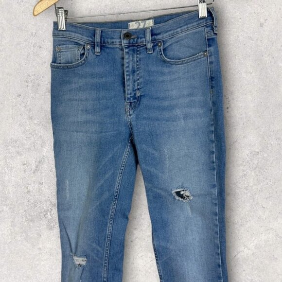 Free People Raw Hem Fringe High Rise Denim Blue Jeans Great Heights Size 27 Boho - Picture 6 of 14